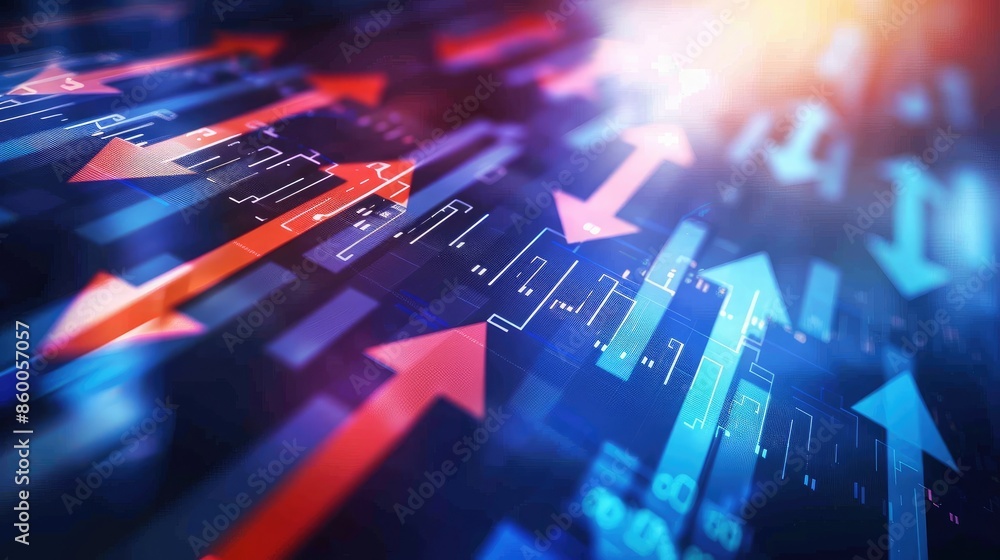 Poster a conceptual image of a stock market graph with arrows pointing in different directions, highlightin