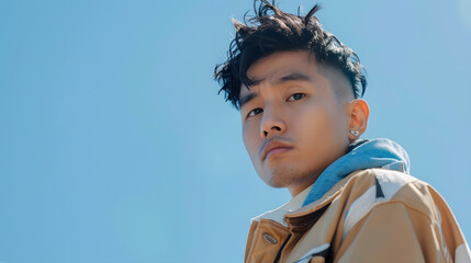 Minimal fashion portrait of young Asian man looking at camera wearing trendy outfit against clear blue sky copy space : Generative AI