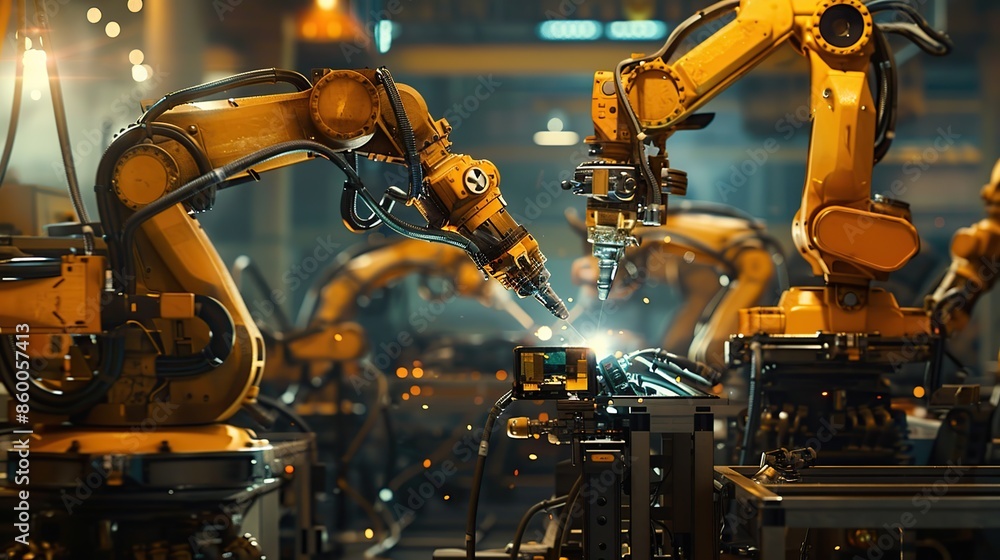 Aufkleber robot arm is working in a factory. futuristic industrial environment for innovation and progress con