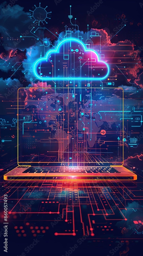 Poster futuristic digital technology concept with a glowing cloud above a laptop, representing cloud comput