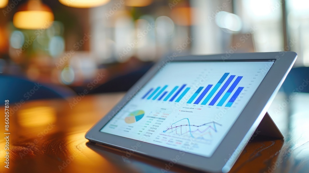 Poster digital tablet displaying a growth chart and financial statistics, representing successful business 