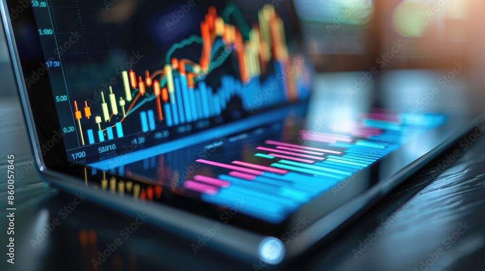 Aufkleber digital tablet displaying a growth chart and financial statistics, representing successful business 
