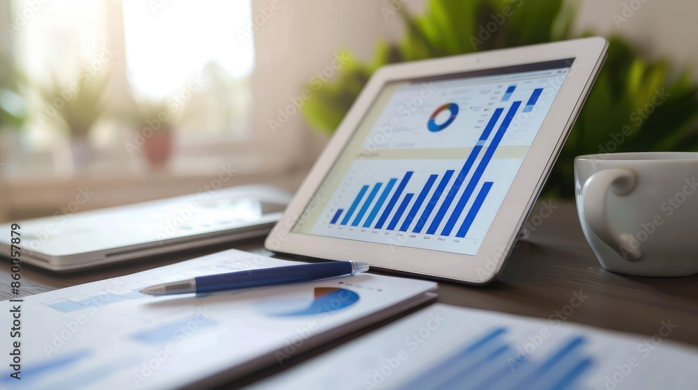 Aufkleber digital tablet displaying a growth chart and financial statistics, representing successful business 
