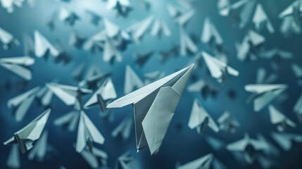 A distinctive paper plane with wings spread wide ascending, with a background of paper planes falling, representing exceptional performance