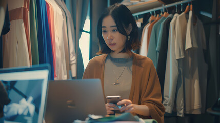 Asian Fashion designer woman talking smart phone and using laptop with digital tablet computer in modern studio the clothes hanging on the racks morning light : Generative AI