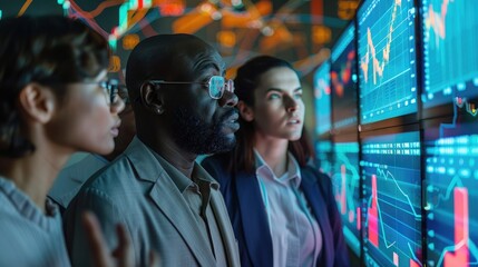 Obraz premium A diverse group of investors discussing future trading strategies, with stock market graphs projected on a wall
