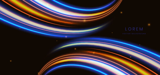 Abstract futuristic glowing neon multi color lines. Hi speed motion moving concept on dark blue background.
