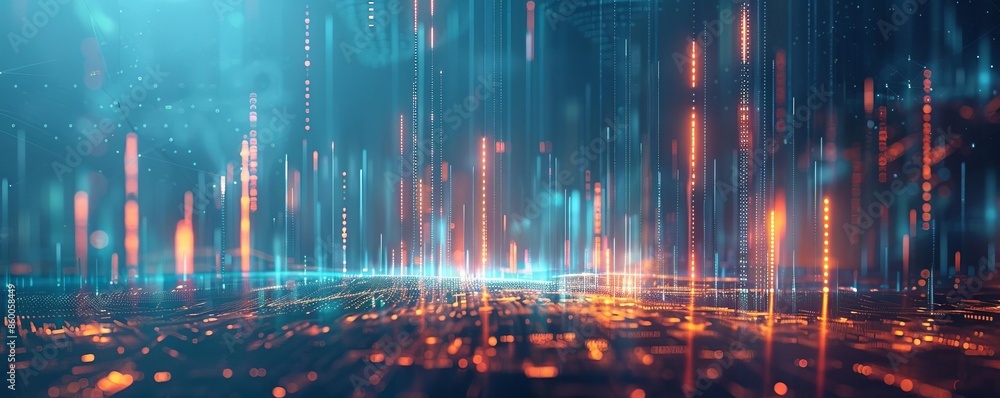 Poster futuristic digital landscape with neon lights, representing data flow and technology advancements. p