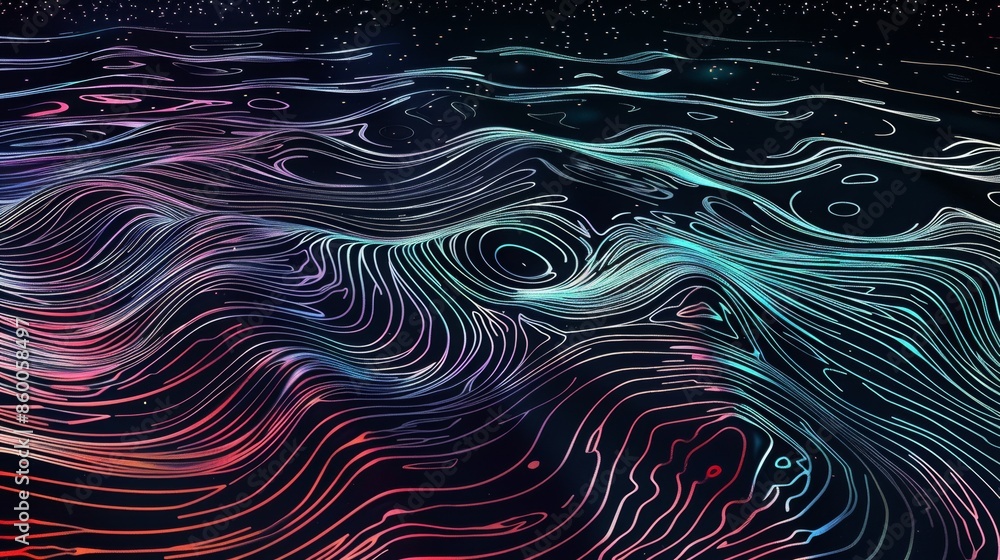 Poster art of solid black background and iridescent ripples spreading across its surface forming concentric