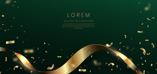 Gold ribbon on dark green background. Celebration grand openning party happy concept.