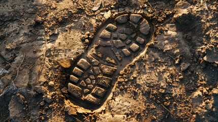 Footprint in mud with space for text Shoe imprints on soft soil Daytime photo