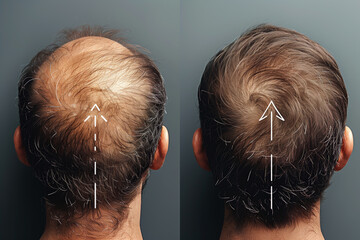 Fototapeta premium Hair Loss - Before and After. Top view of a man's Head with a receding hairline - Before and After