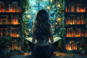 editorial illustration of a female programmer in a library reading a large book