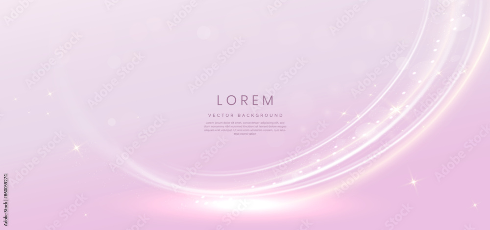 Poster abstract gold and white curve lines on soft pink background. with lighting effect sparkle. template 