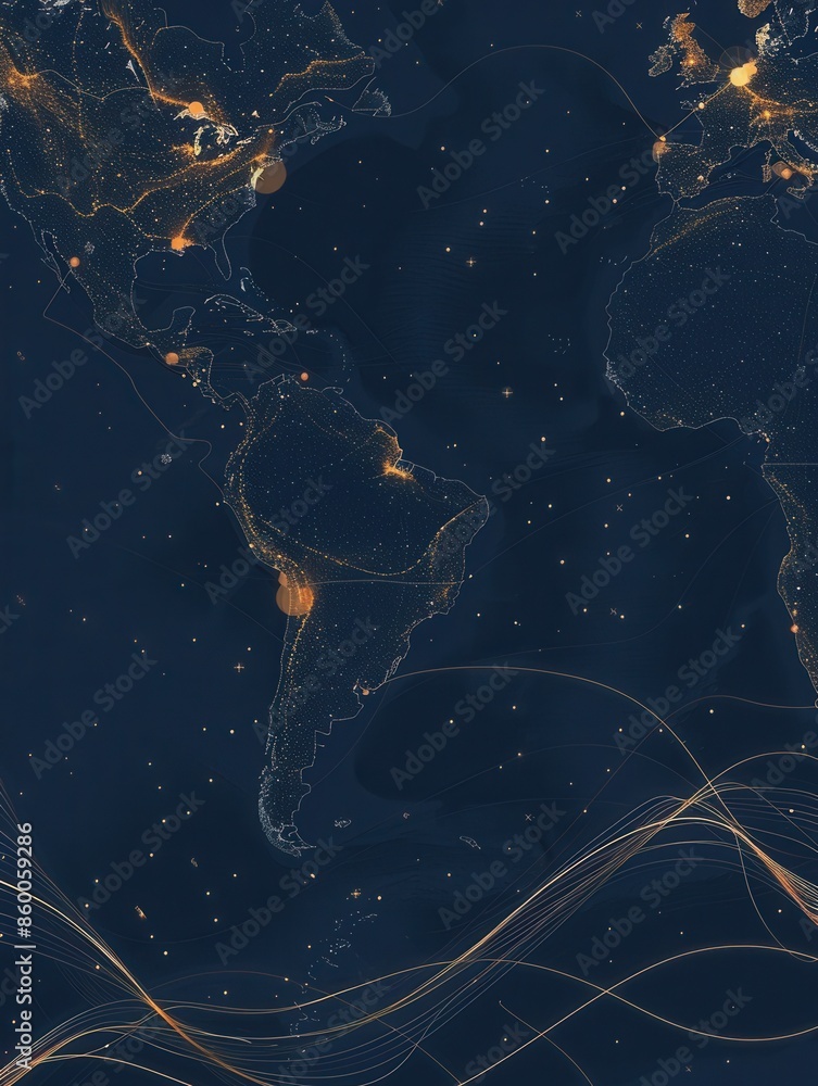 Poster A simple, minimalist image of a globe with continental outlines and golden lines. The dark blue background creates a sense of depth and sophistication. Generative AI