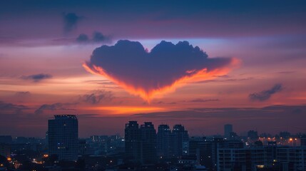 Fototapeta premium A heart-shaped cloud above a city skyline at dusk, with lights beginning to twinkle, symbolizing urban romance