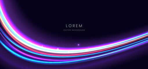 Abstract futuristic glowing neon color curved light with speed motion moving on dark background.