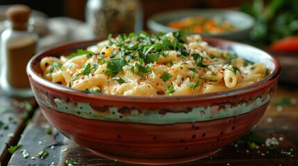 A delightful bowl of penne pasta is topped with a generous amount of cheese and fresh herbs, making it an irresistible and comforting dish full of rich flavors and textures.