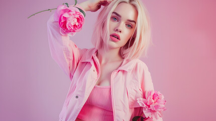 Naklejka premium Beautiful blonde woman in pink jacket and ribbed shorts with pink peony in jacket sleeves Healthy skin and pink make up Pink and purple background : Generative AI