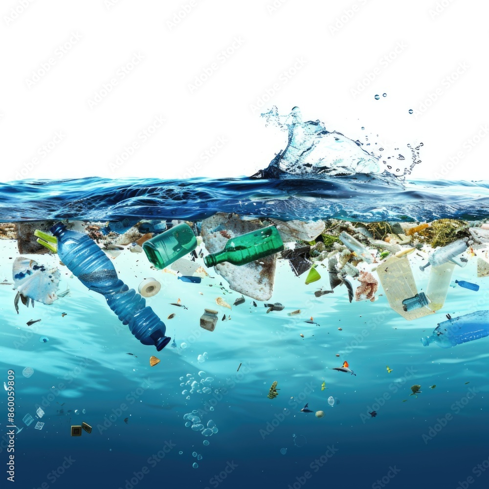 Poster a group of plastic bottles floating on the surface of the ocean, highlighting the issue of marine po