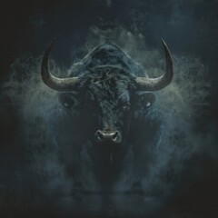 A majestic bull stands in the shadows, its massive horns illuminated by faint light