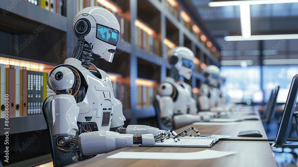 Aufkleber robot is sitting at a table with a computer and keyboard in the office. modern industrial technology