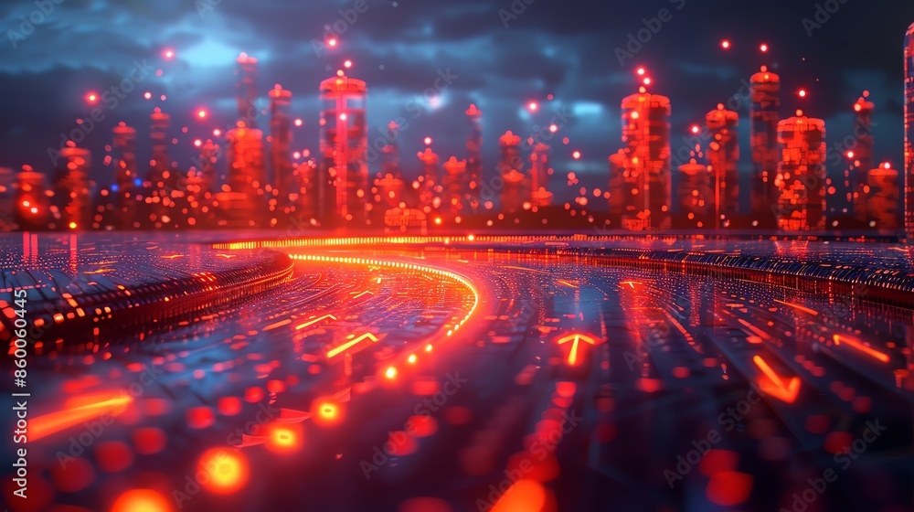 Poster futuristic digital cityscape with glowing neon lights and dynamic data streams representing technolo