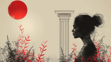 Fototapeta premium Background image of a woman looking at a round object that turns into the moon.