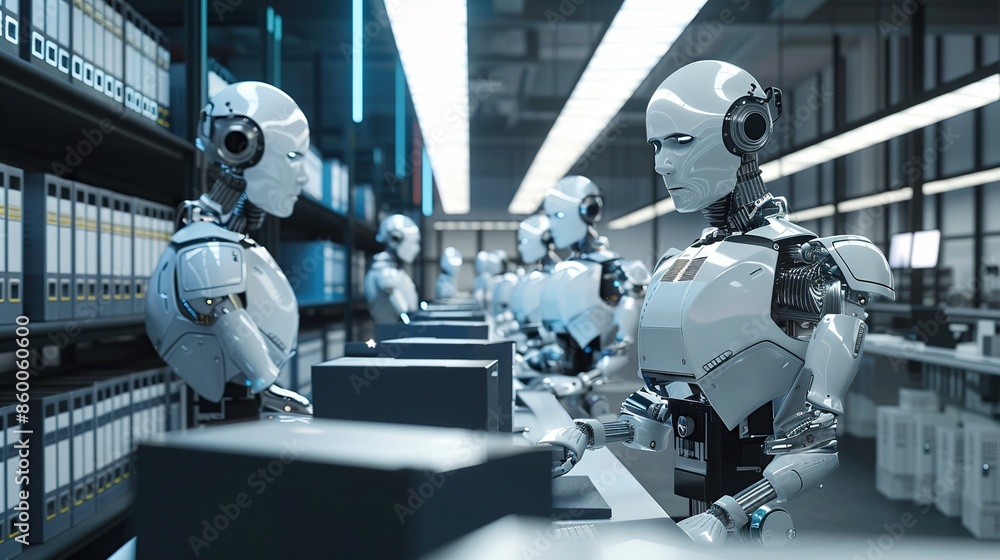 Aufkleber robot is sitting at a table with a computer and keyboard in the office. modern industrial technology