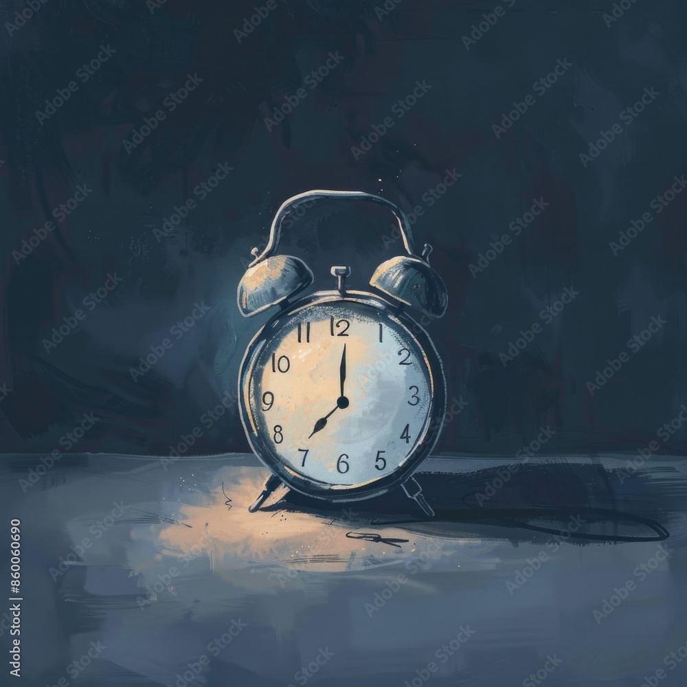 Poster an alarm clock sitting on top of a table