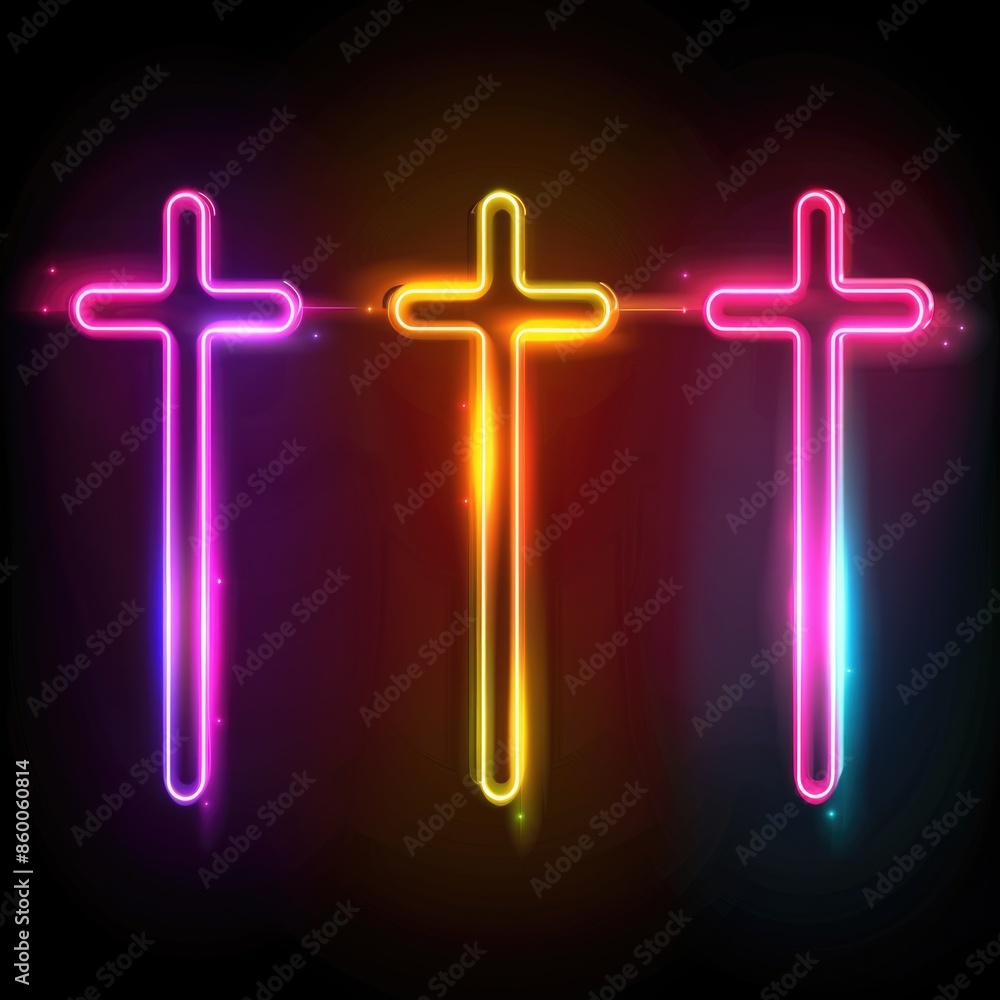 Poster three glowing neon crosses on a dark or dimly lit background, ideal for use in scenes related to spi