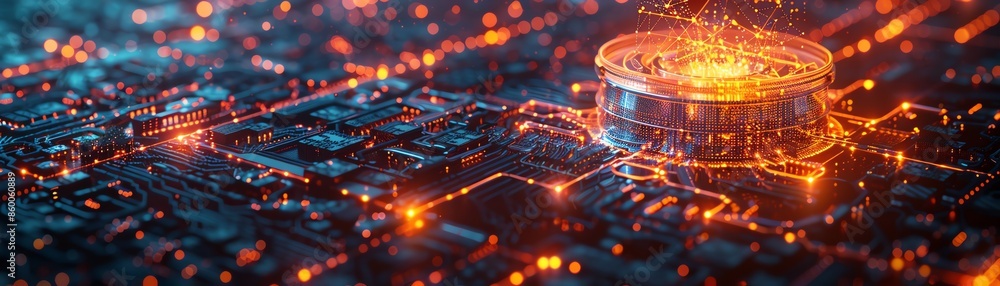 Poster futuristic digital circuit board with glowing elements representing advanced technology and communic
