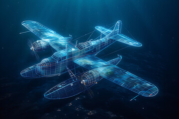 A silhouette logo of a vintage biplane with two stacked wings, soaring through the sky, showcasing classic aviation design and history, in wireframe style on a dark blue background