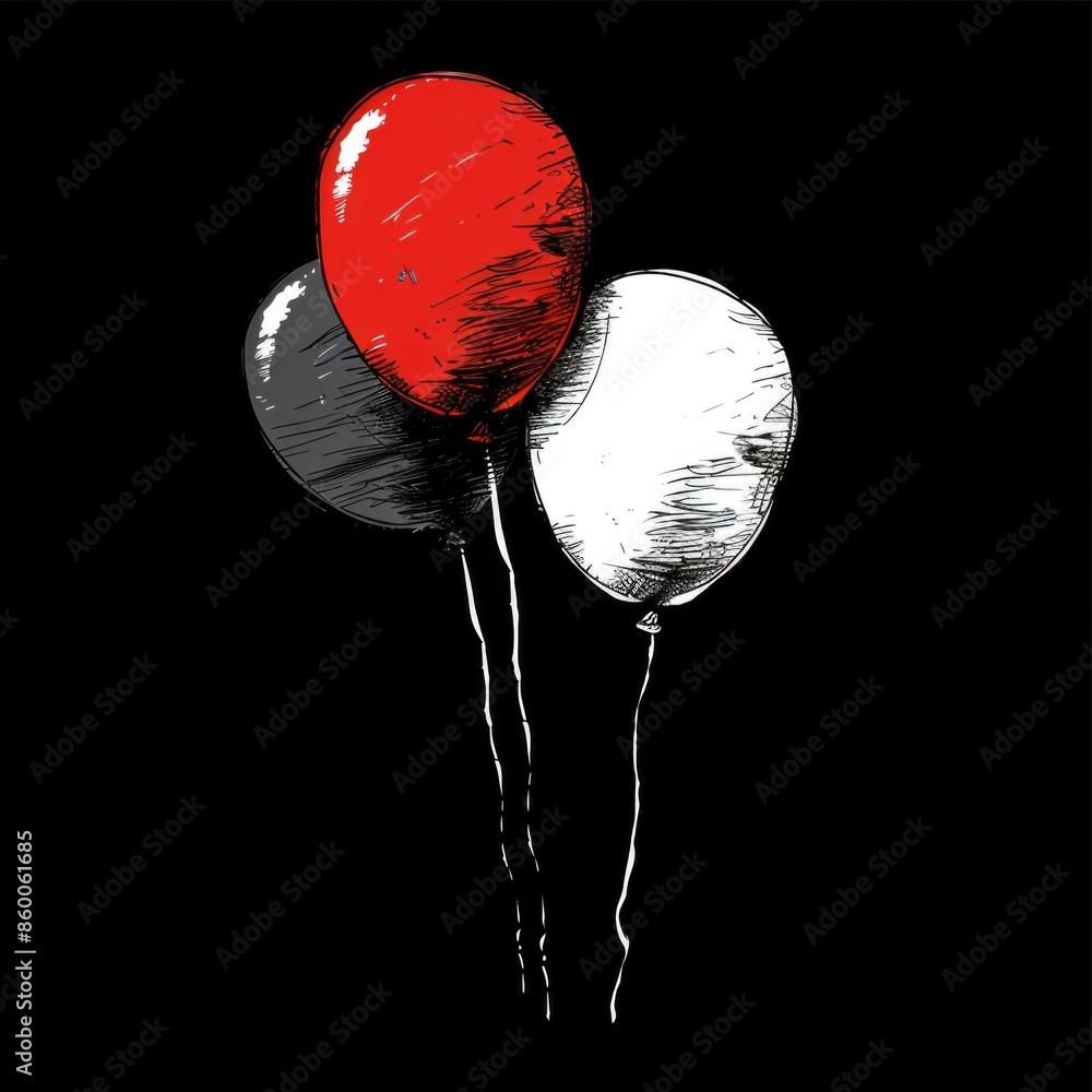 Poster two inflated red and white balloons tied together with string, possibly for a celebration or event