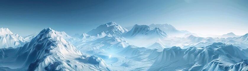 Stunning panoramic view of snow-covered mountain peaks under a clear blue sky, showcasing the beauty of a winter landscape in the wilderness.