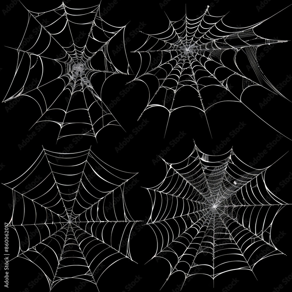 Poster Close-up view of multiple spider webs on a dark, uniform background