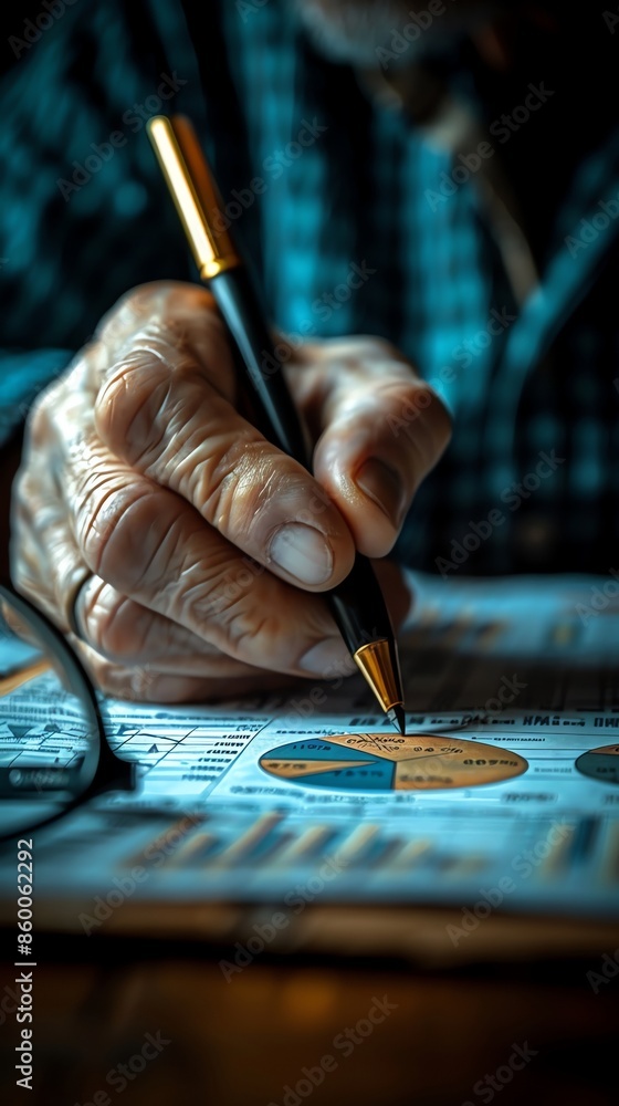 Poster senior man analyzing financial data with a pen. close-up of hand with graphs and charts in focus, sh