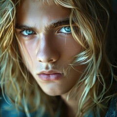 Naklejka premium Portrait of a woman with blonde hair, looking directly at the camera