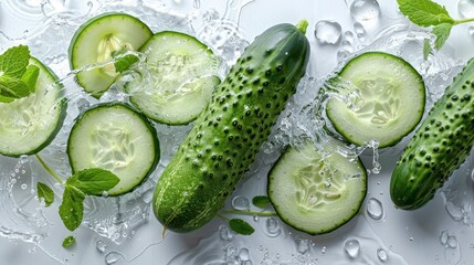 Whole and sliced cucumbers splashing in water with fresh mint leaves, illustrating the concept of freshness, hydration, and health in a visually appealing manner.