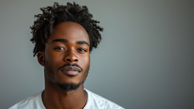 An impactful portrait capturing a self-assured young man with natural hair, emanating confidence and calm against a simple, neutral background. Ideal for various themes.