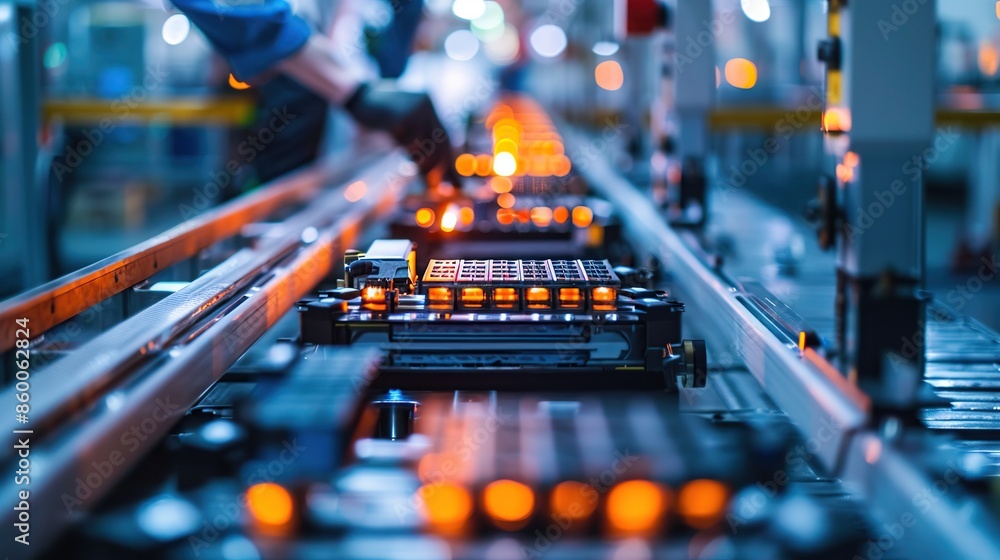 Poster operator monitors lithium ion module assembly line in a modern, high-tech industry