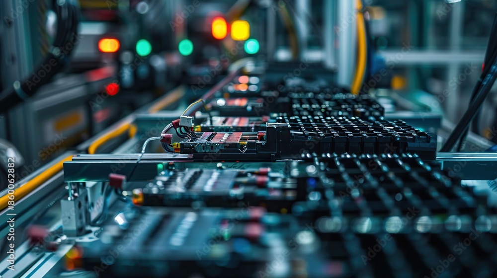 Poster operator monitors lithium ion module assembly line in a modern, high-tech industry