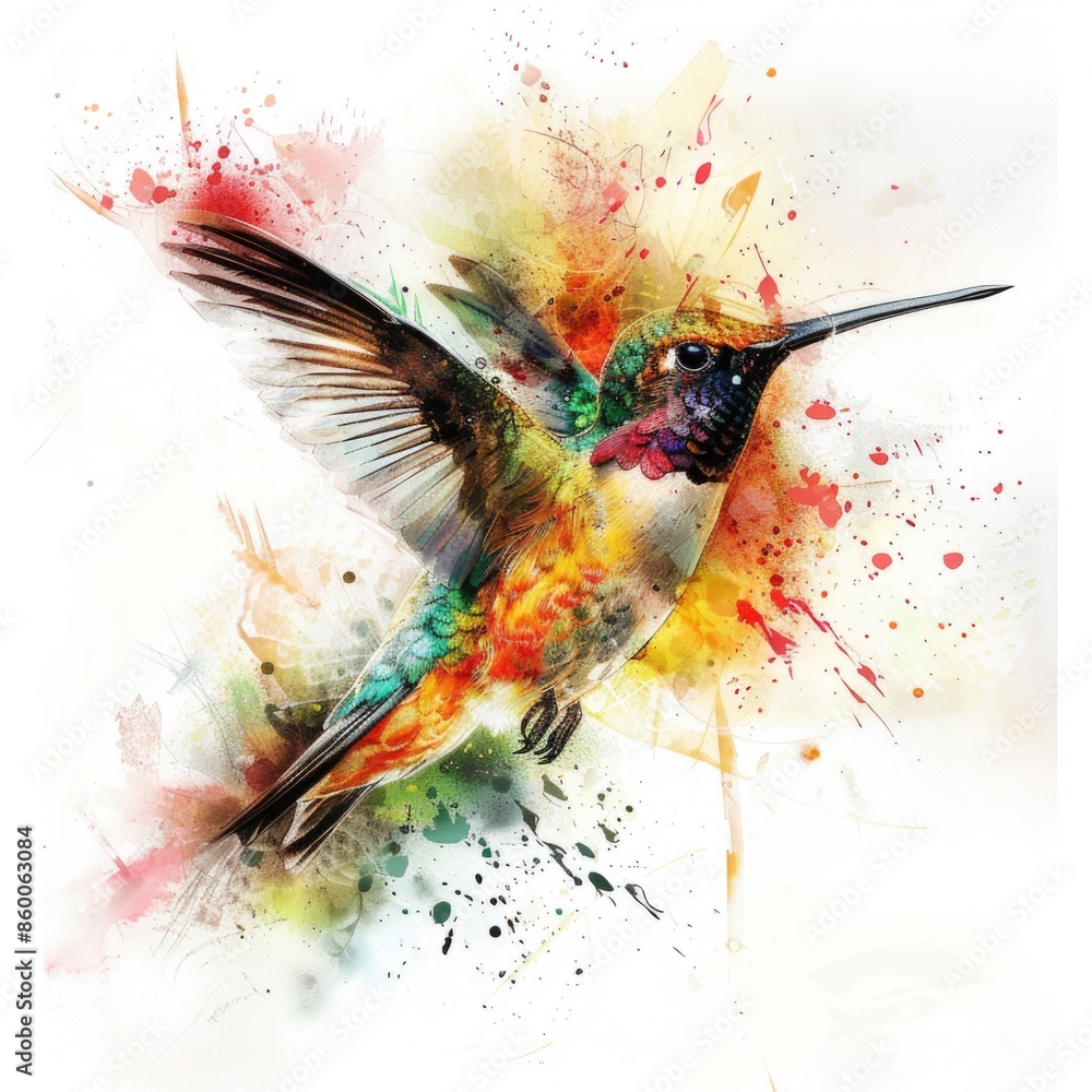 Poster a vibrant hummingbird soaring through the air with its iridescent feathers glistening in the light