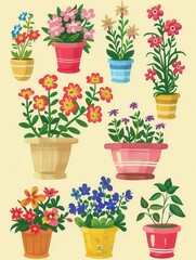 A cheerful illustration of various potted flowers in a home setting. Generative AI