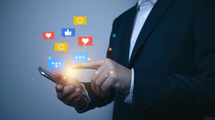 Businessman using social media and digital online, man using smartphone with Social media. Concept of living on vacation and playing social media. Online marketing, technology network concept.