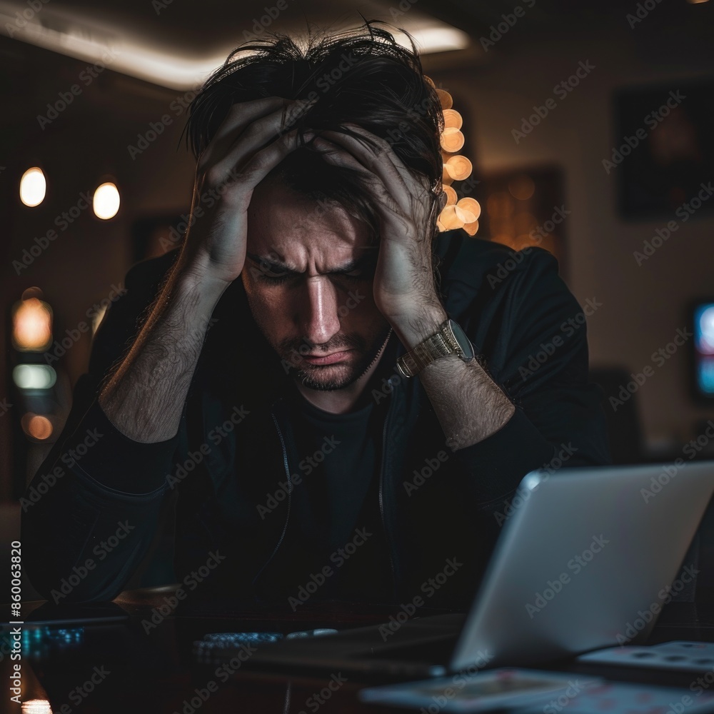 Poster a person sitting in front of a laptop computer