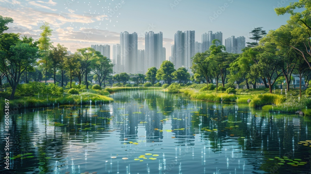 Poster automated water management system with iot sensors in city landscape.