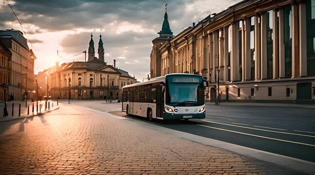 Widok na centrum Łodzi i przejeżdżający autobus