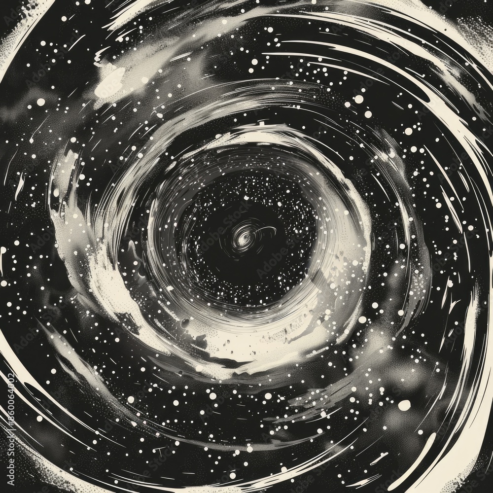 Poster a close-up shot of a spiral pattern in black and white, great for abstract designs or mathematical c