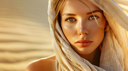 Beautiful Woman wrapped in Beige Silk Scarf Beauty Girl Face with Smooth Skin and Natural Makeup Women Hair Sun Care Headwear Scarves over Desert Sand background : Generative AI